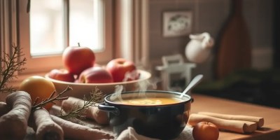 A warm bowl of homemade winter soup on a rustic kitchen counter, surrounded by root vegetables and apples in soft January light.