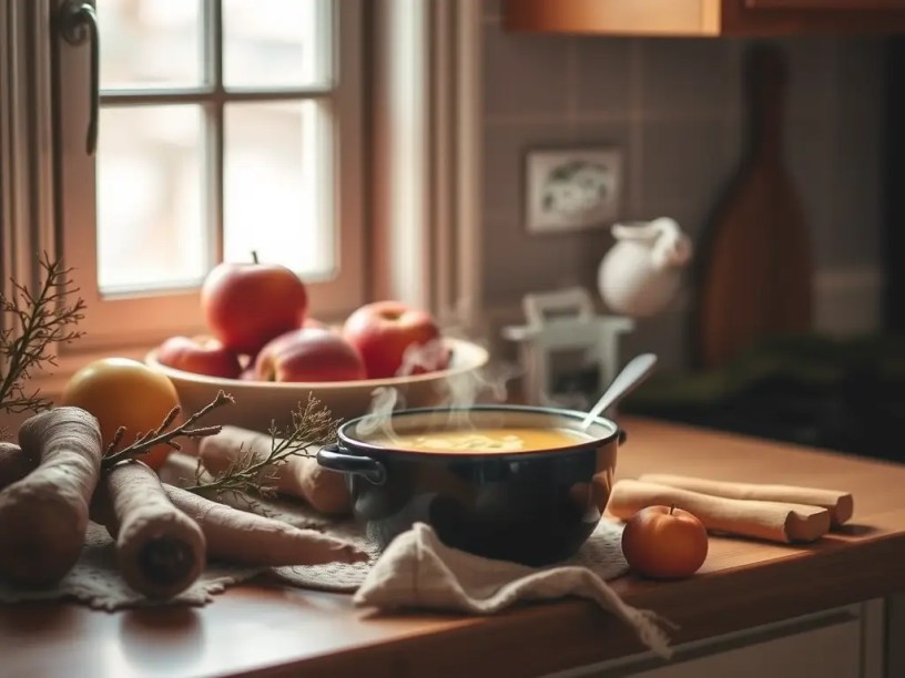 A warm bowl of homemade winter soup on a rustic kitchen counter, surrounded by root vegetables and apples in soft January light.