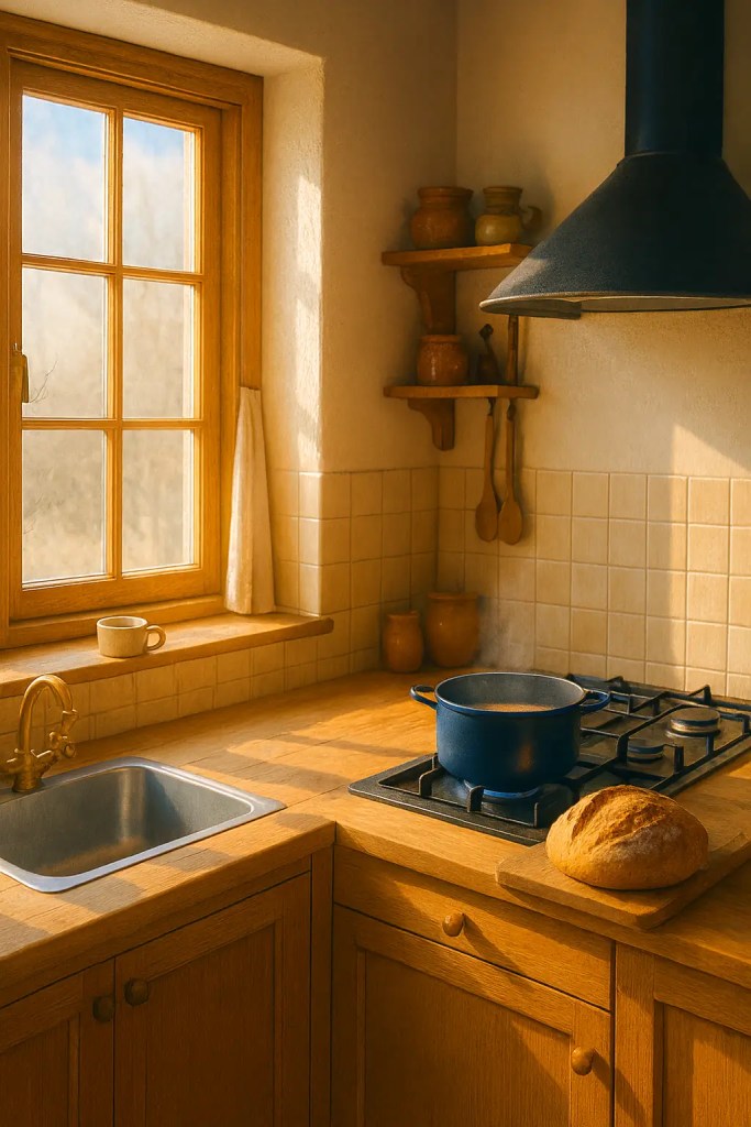 A warm kitchen with a pot simmering, bread resting, and winter light through the window.