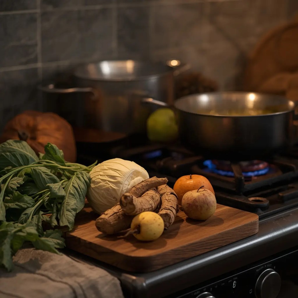 Winter produce and a warm stove create a cozy December cooking scene.