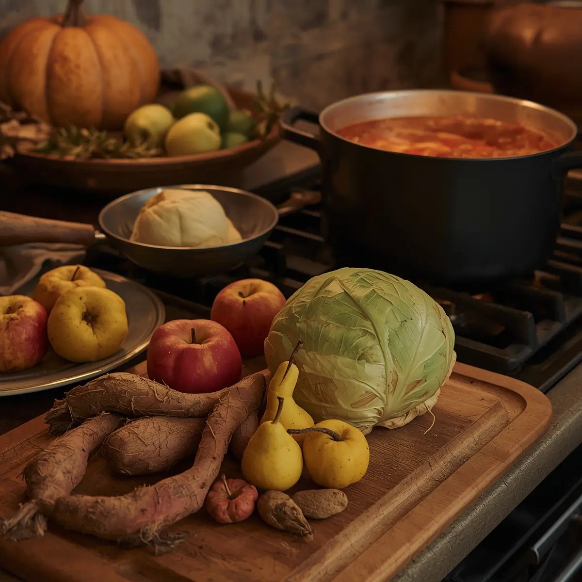 Winter produce and a warm stove create a cozy December cooking scene.