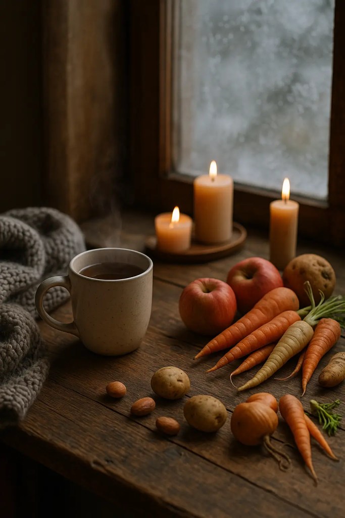 A cozy January scene with soft winter light, a warm mug, candles, and simple seasonal produce on a rustic wooden table.