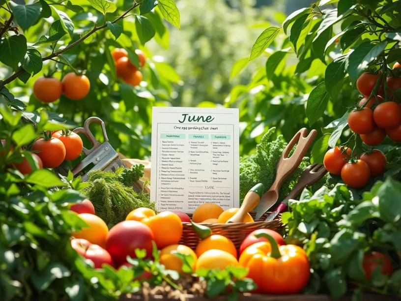 June garden and kitchen printable sheet with herbs, fresh produce, and a simple seasonal layout.