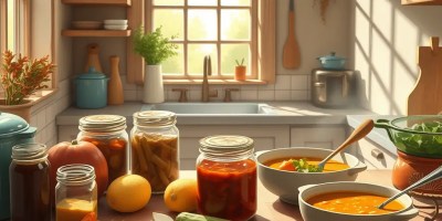 Jars of preserved vegetables and soup served on a wooden table in a home kitchen, showing seasonal home cooking and prepared pantry staples.