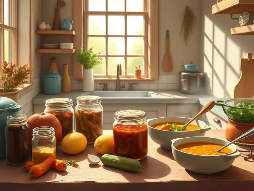 Jars of preserved vegetables and soup served on a wooden table in a home kitchen, showing seasonal home cooking and prepared pantry staples.