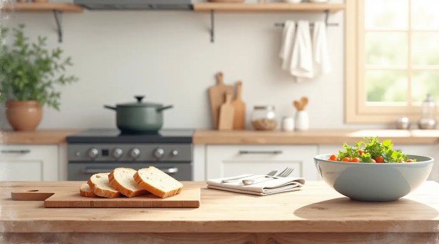 A simple homemade meal in a real kitchen, with a soup pot on the stove and bread on a wooden board, showing everyday seasonal cooking.