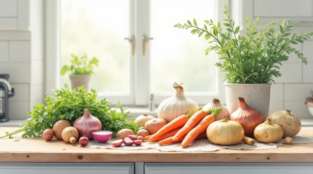 Seasonal vegetables and basic ingredients on a kitchen counter, prepared for simple home cooking without elaborate styling.