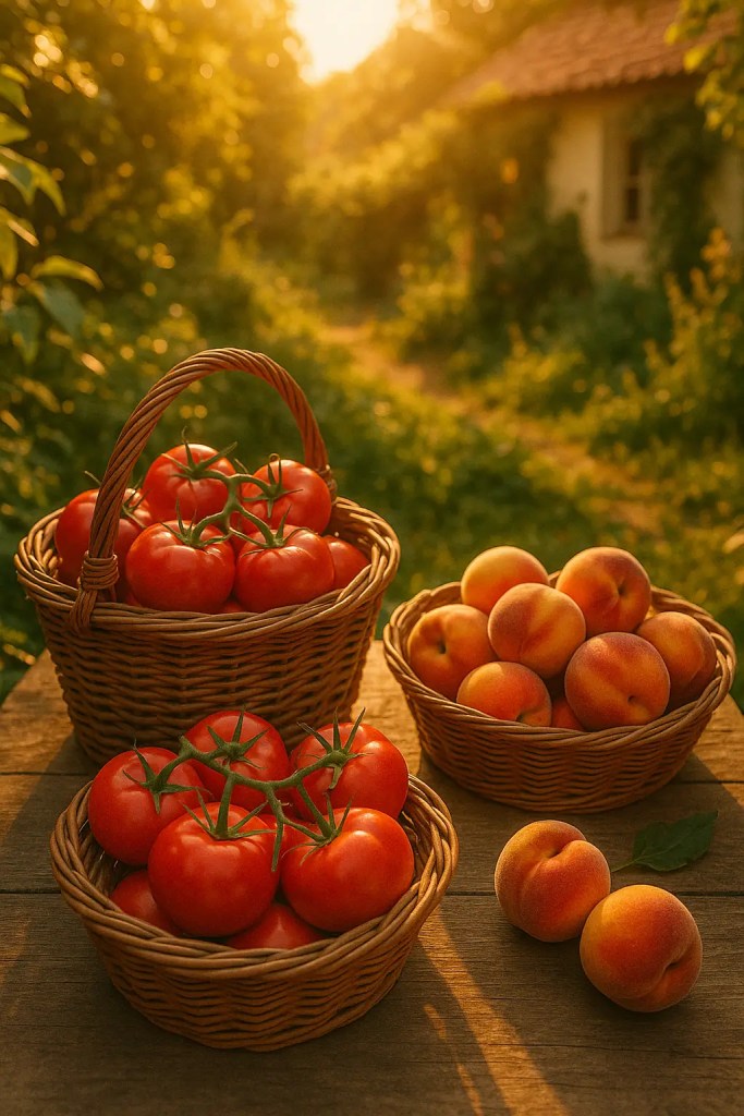 Warm summer sunlight illuminating ripe tomatoes and peaches in an atmosphere of abundance.