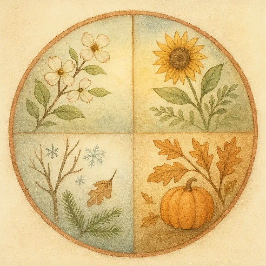 A soft, symbolic seasonal wheel showing spring, summer, autumn, and winter in a warm cottagecore style.