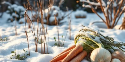 Root vegetables — carrots, onions, and a parsnip — resting on snow in a sunlit winter garden, with dried grasses and frosty plants in the background.